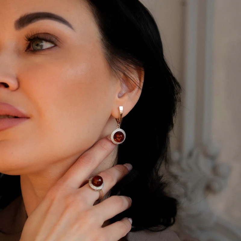 925 Sterling Silver Drop Earrings with Amber, Cubic Zirconia and Rose Gold Overlays - Image 2