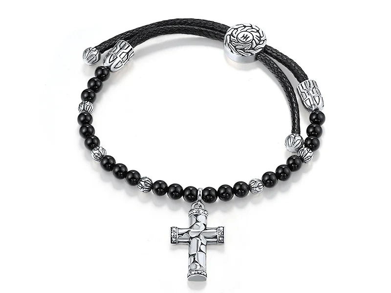 925 Sterling Silver Bracelet Dyed Black Agate with Cross