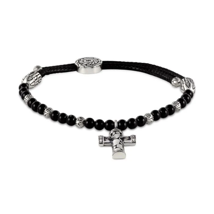 925 Sterling Silver Bracelet Dyed Black Agate with Cross - Image 2