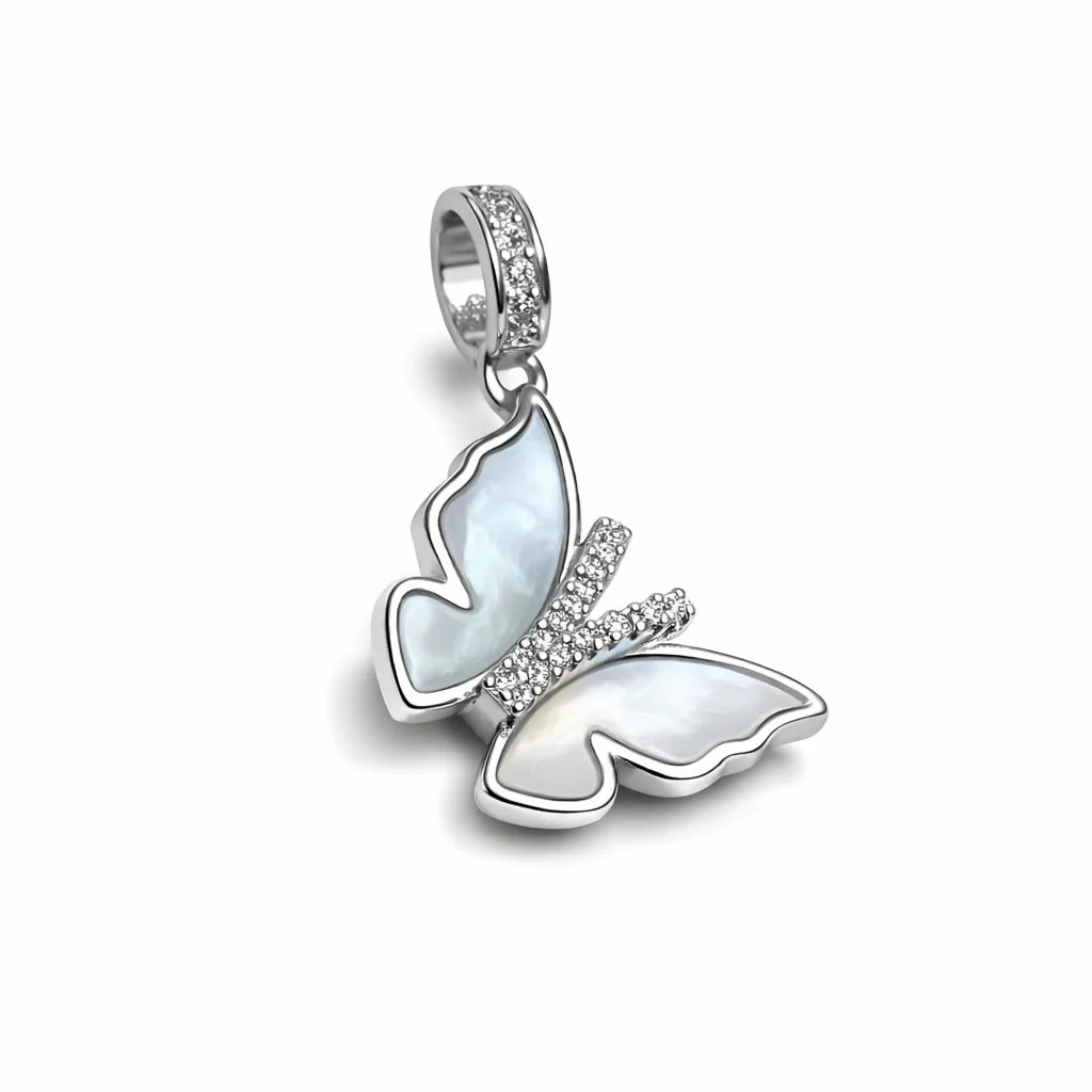 925 Sterling Silver Butterfly Pendant with Mother of Pearl and Cubic Zirconia