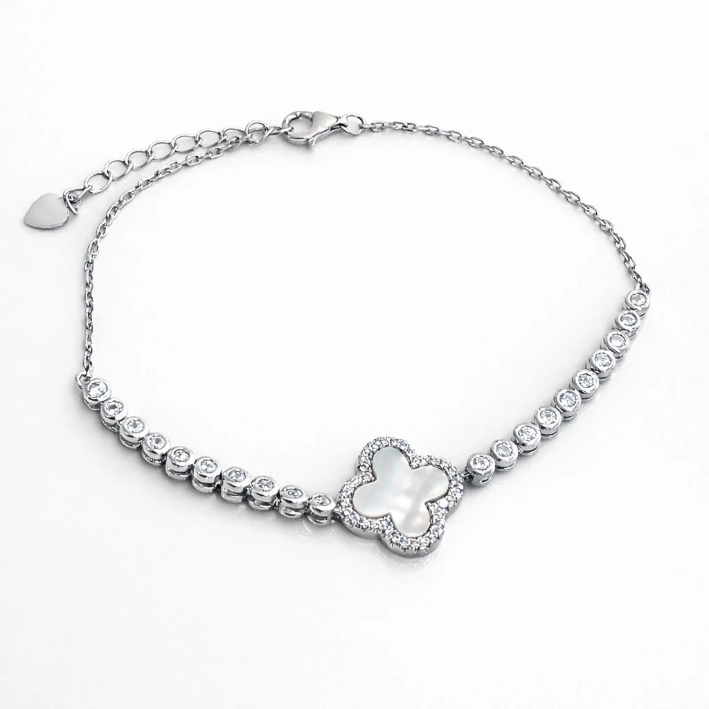 925 Sterling Silver Clover Bracelet with Mother of Pearl and Cubic Zirconia