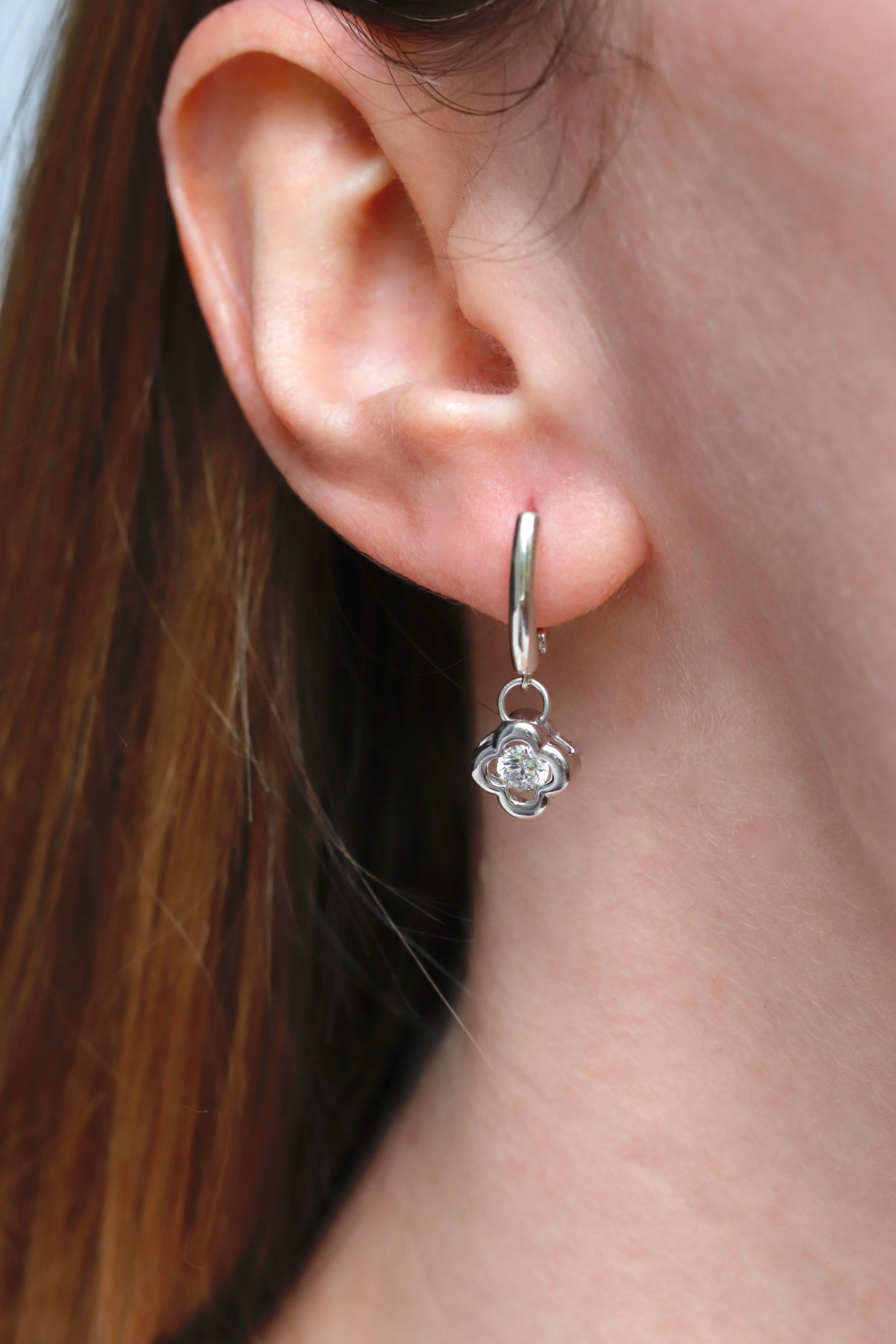 925 Sterling Silver Clover Drop Earrings with Cubic Zirconia - Image 2