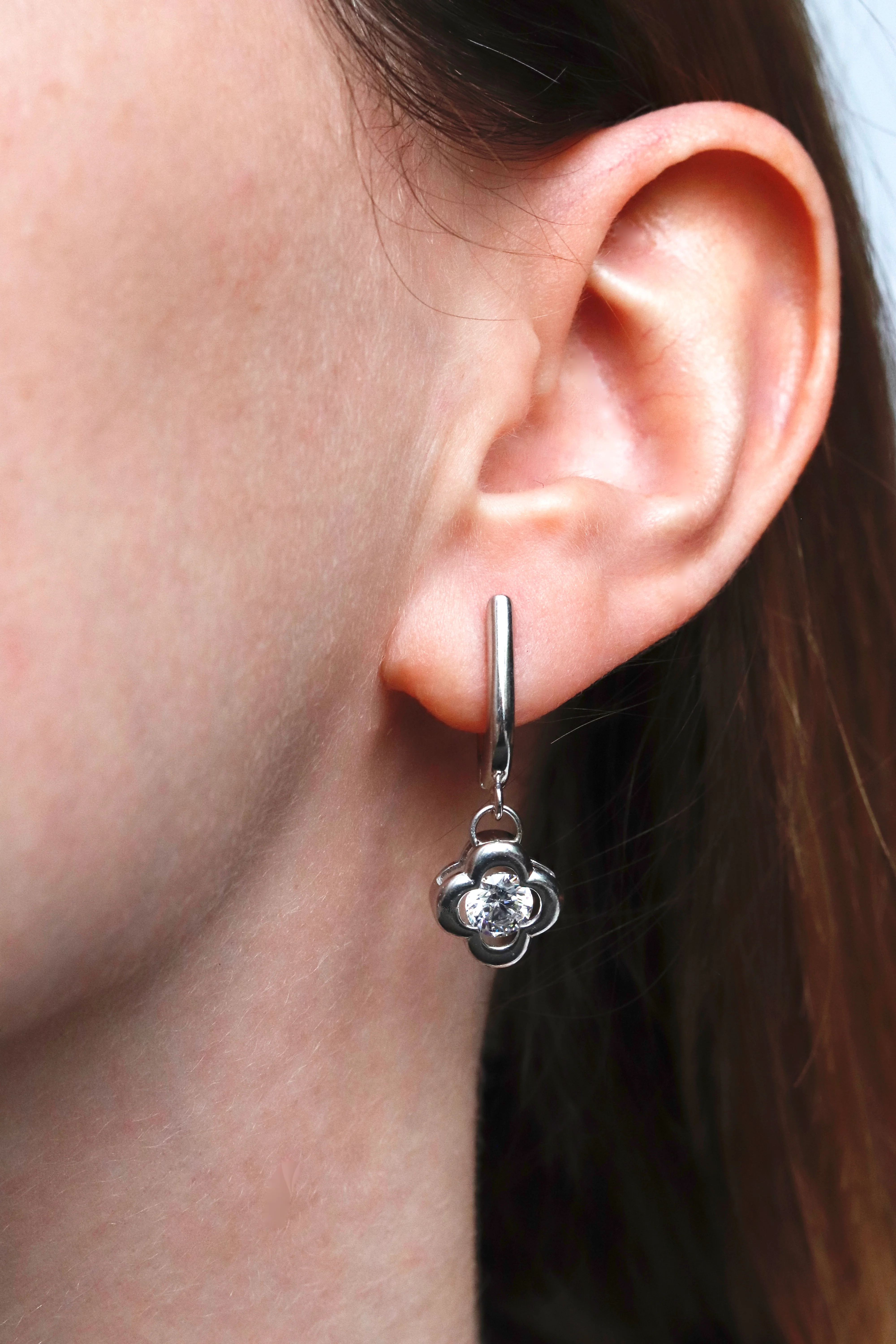 925 Sterling Silver Clover Earrings with Cubic Zirconia - Image 2
