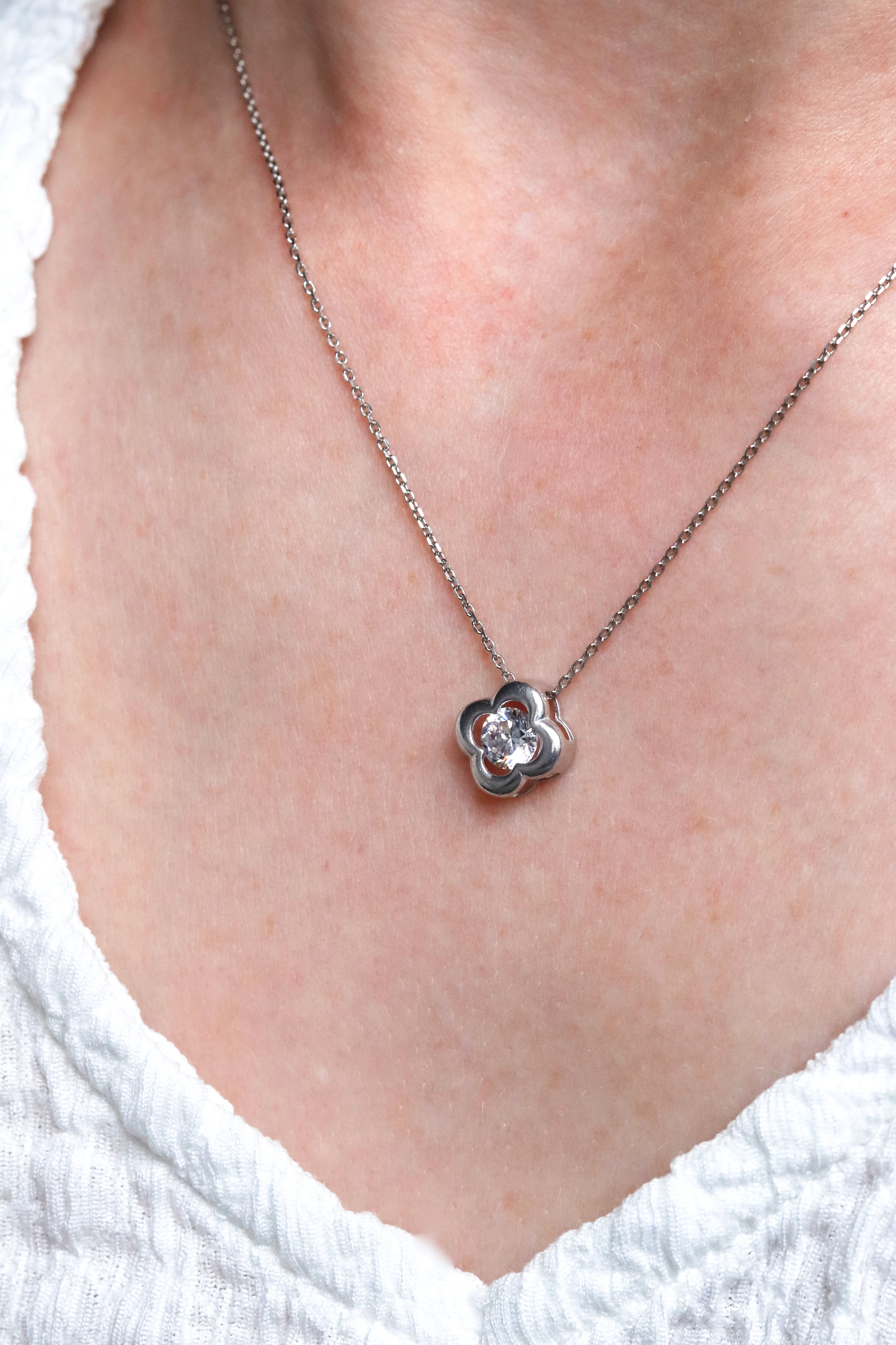 925 Sterling Silver Clover Necklace with Cubic Zirconia - Image 3