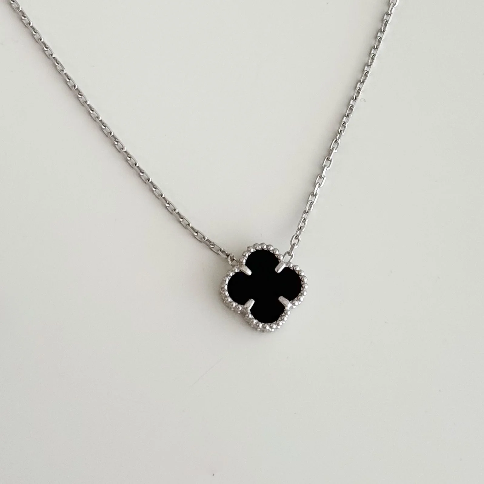 925 Sterling Silver Clover Necklace with Onyx