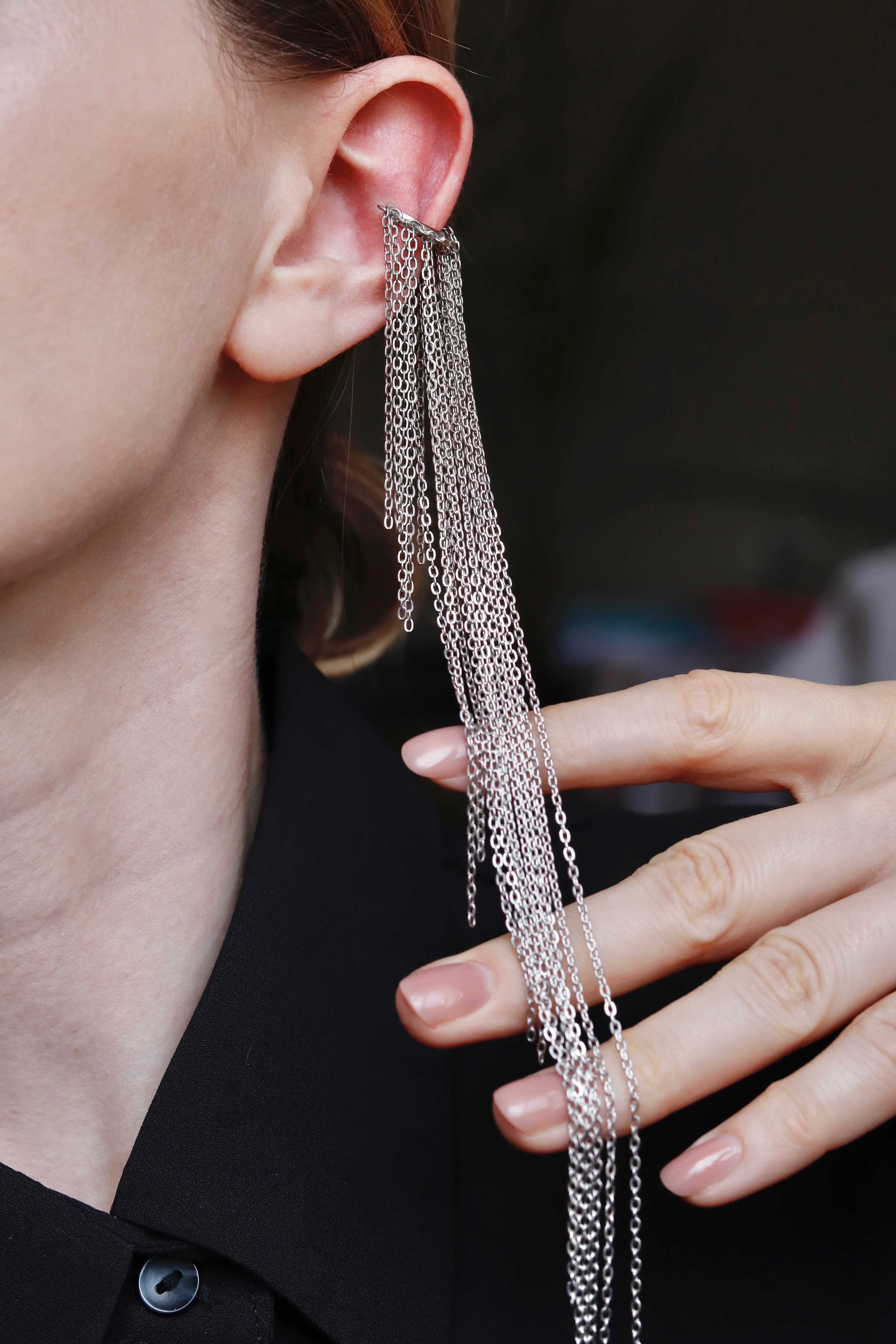 925 Sterling Silver Cuff Earring with Chains - Image 3