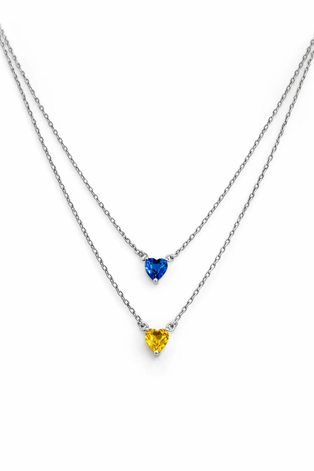 925 Sterling Silver Double Necklace with Blue and Yellow Hearts and Cubic Zirconia
