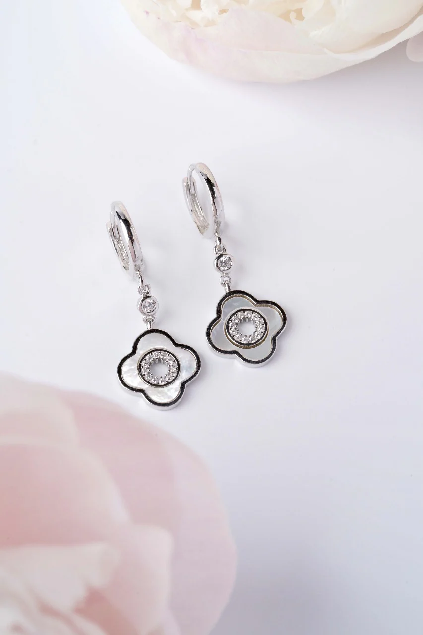 925 Sterling Silver Drop Clover Earrings with Mother of Pearl and Cubic Zirconia - Image 3