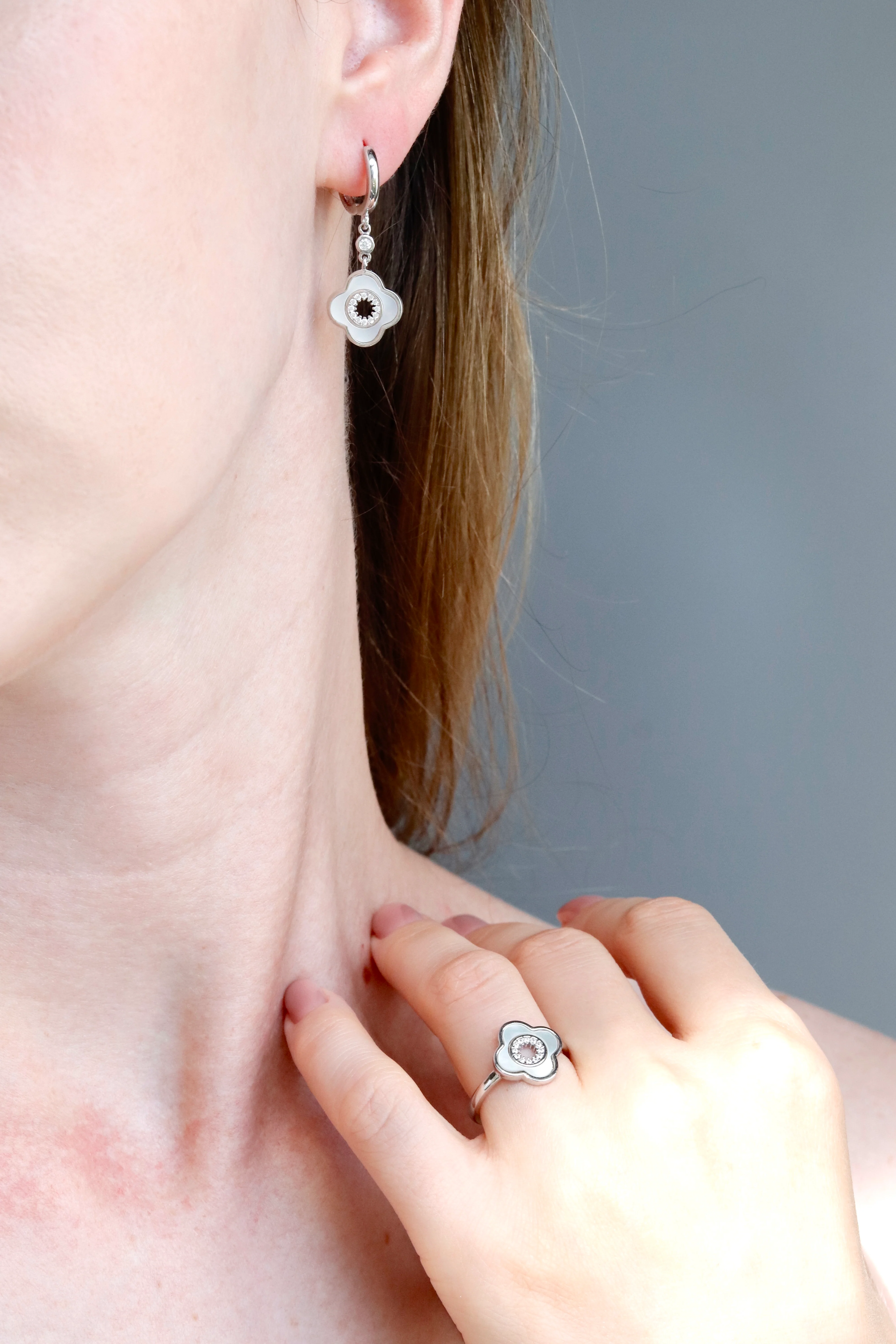 925 Sterling Silver Drop Clover Earrings with Mother of Pearl and Cubic Zirconia - Image 7