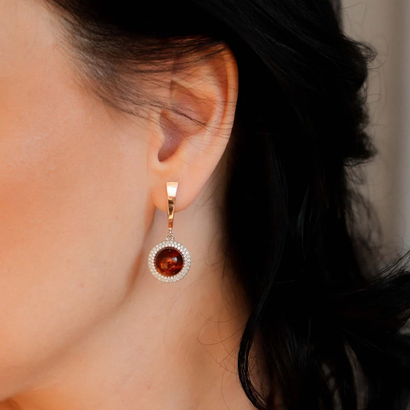 925 Sterling Silver Drop Earrings with Amber, Cubic Zirconia and Rose Gold Overlays - Image 3