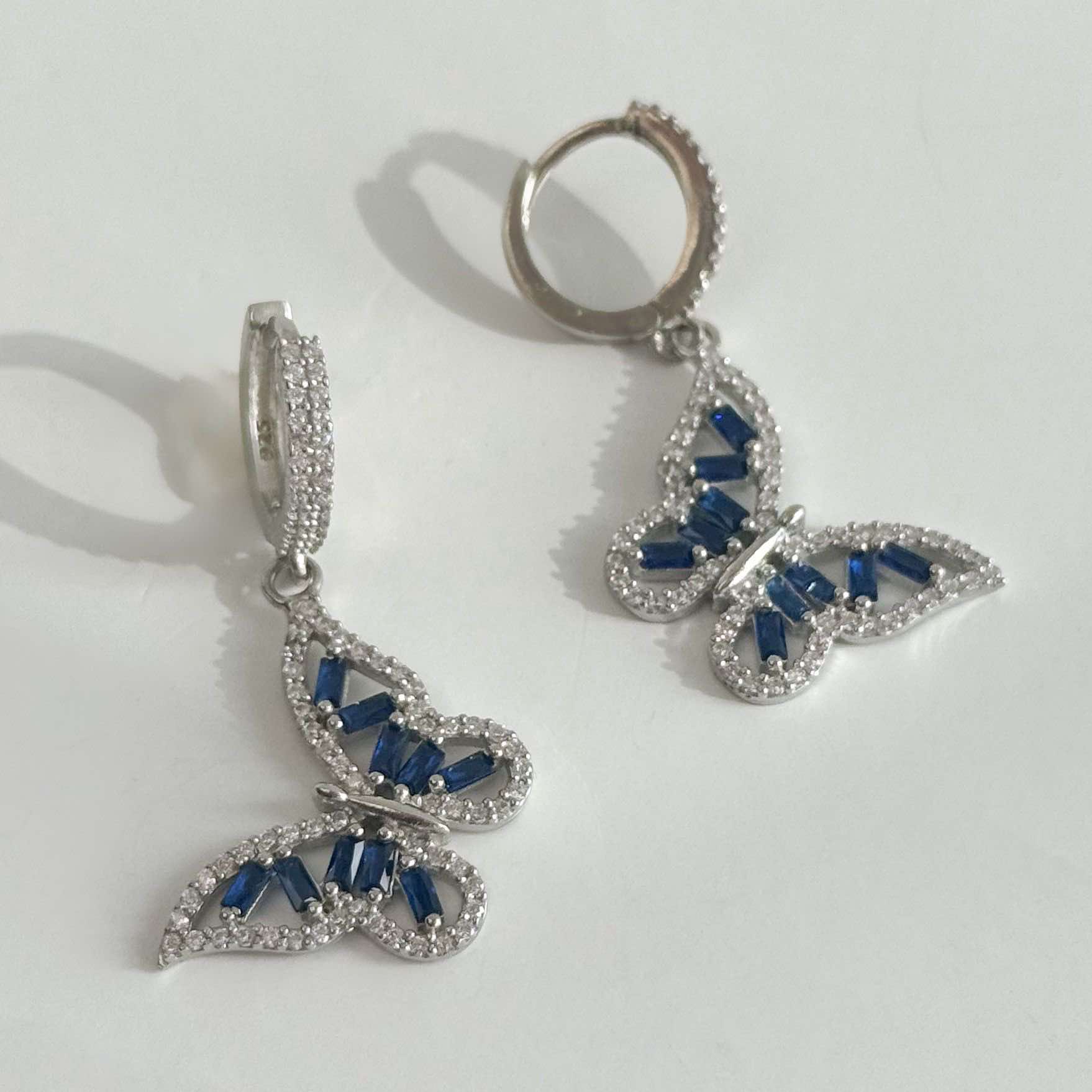 925 Sterling Silver Drop Earrings with Clear and Blue Cubic Zirconia "Butterflies"