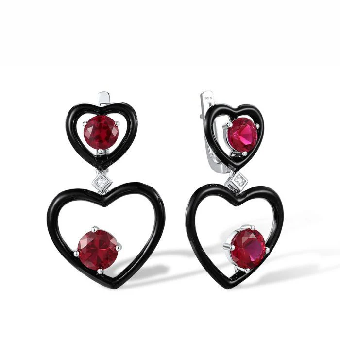 925 Sterling Silver Drop Earrings with Enamel,Red Nano Crystal, Cubic Zirconia