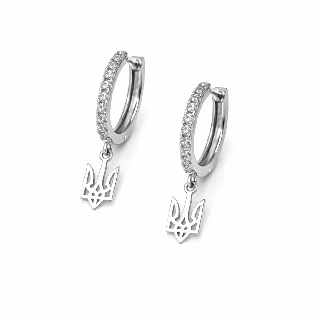 925 Sterling Silver Drop Earrings with Tryzub and Cubic Zirconia - Image 2