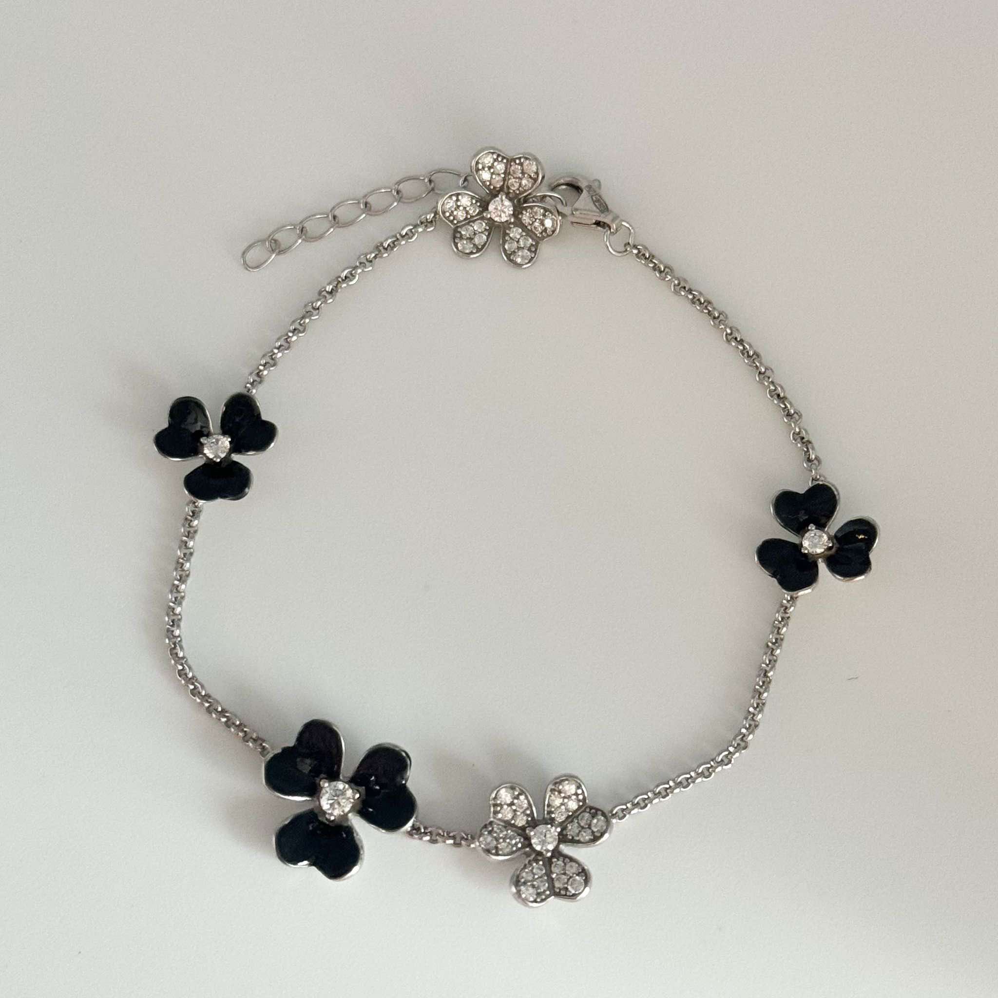 925 Sterling Silver Flower Bracelet with Enamel and Cubic Zirconia