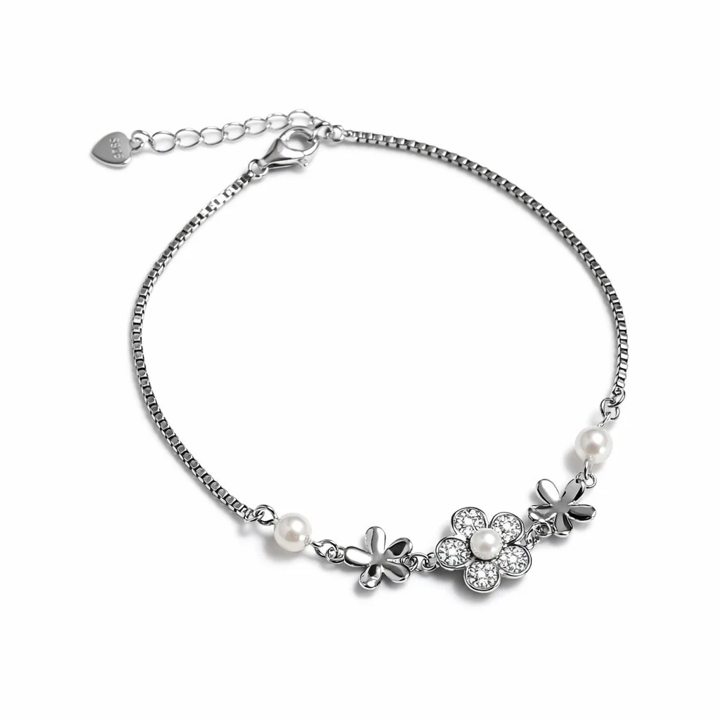 925 Sterling Silver Flower Bracelet with Pearls and Cubic Zirconia