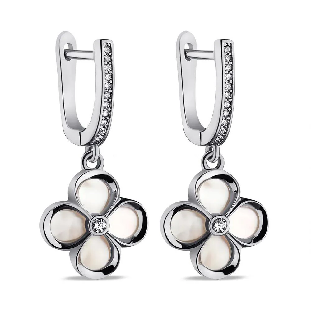 925 Sterling Silver Clover Drop Earrings with Mother of Pearl and Cubic Zirconia