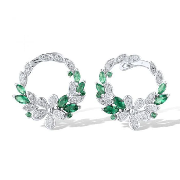 925 Sterling Silver Flower Earrings with Green Spinel and White Cubic Zirconia