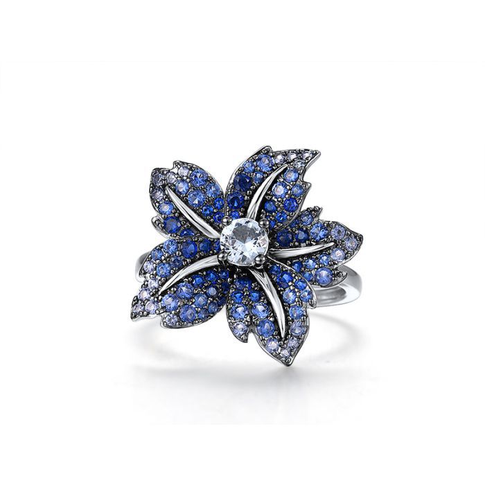 925 Sterling Silver Flower Ring with Cubic Zirconia,Blue Spinel - Image 2