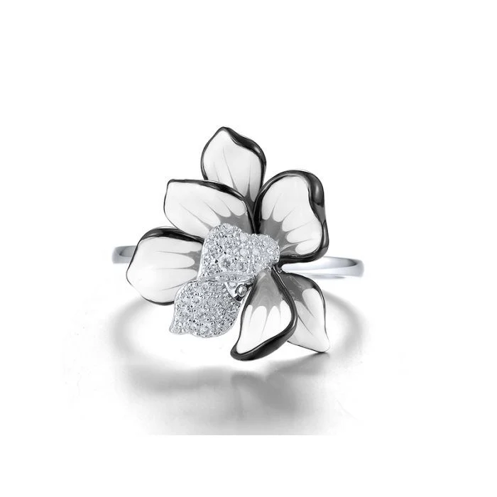 925 Sterling Silver Flower Ring with Enamel and Cubic Zirconia - Image 2