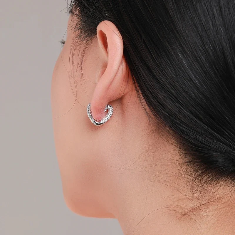 925 Sterling Silver Heart Hoop Earrings with Cubic Zirconia - Image 4