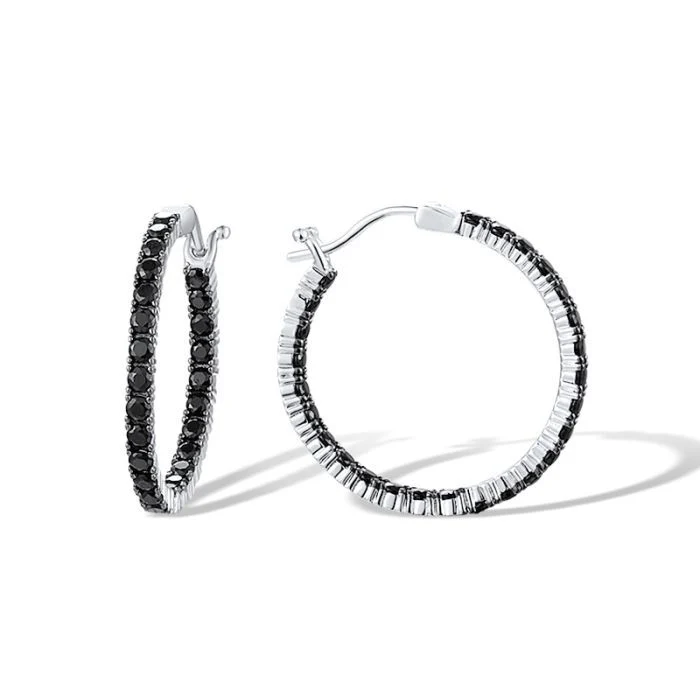 925 Sterling Silver Hoop Earrings with Black Spinel - Image 2