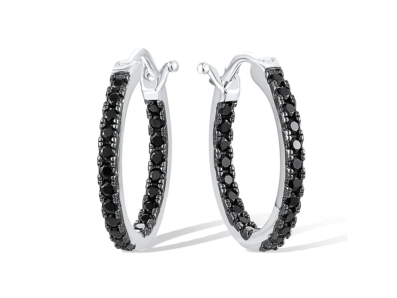 925 Sterling Silver Hoop Earrings with Black Spinel