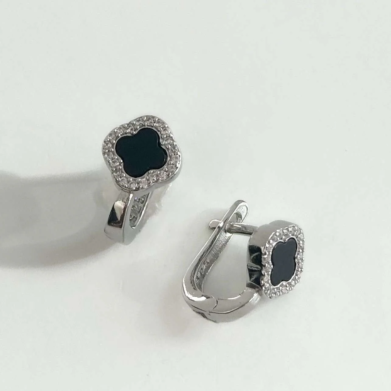 925 Sterling Silver Lever Back Clover Earrings with Onyx and Cubic Zirconia
