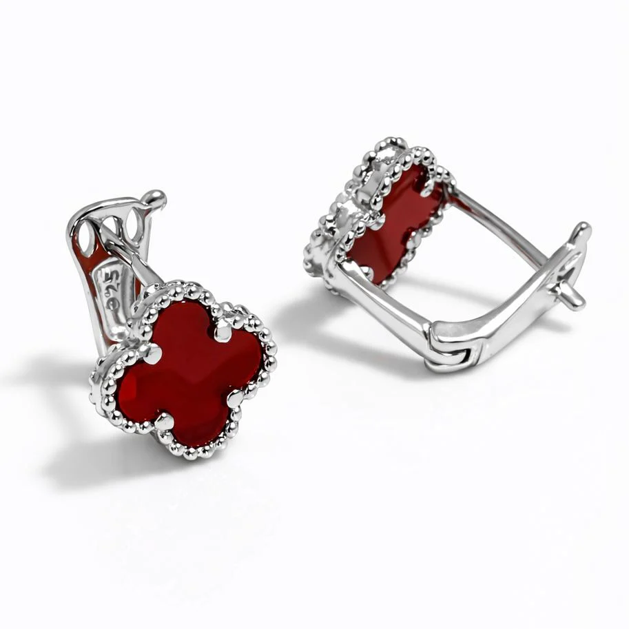 925 Sterling Silver Lever Back Earrings Clover with Carnelian