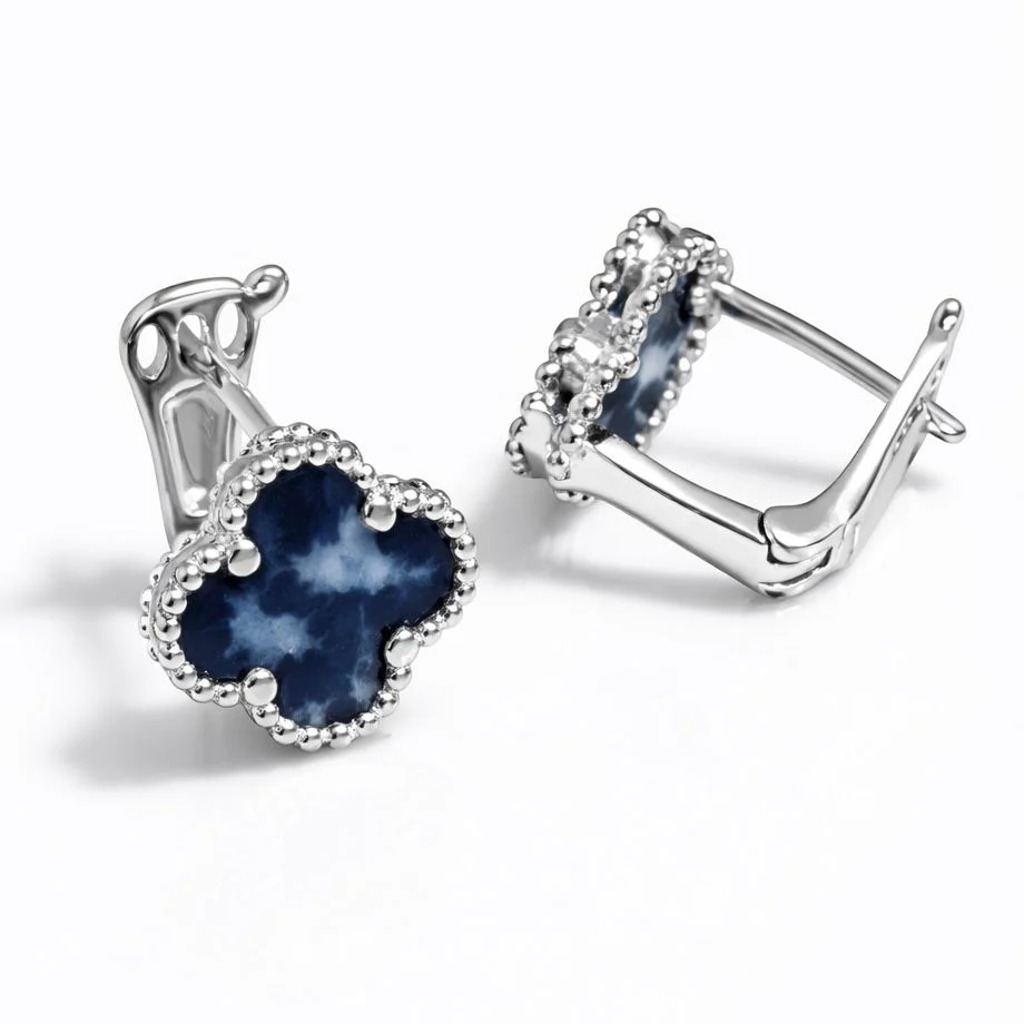 925 Sterling Silver Lever Back Earrings Clover with Sodalite