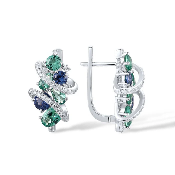 925 Sterling Silver Lever Back Earrings with Blue Spinel,Green Spinel,White Cubic Zirconia - Image 2