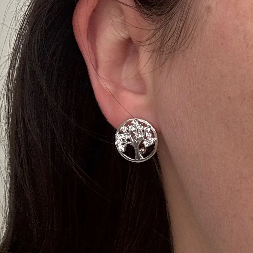 925 Sterling Silver Tree of Life Lever Back Earrings with Cubic Zirconia - Image 2