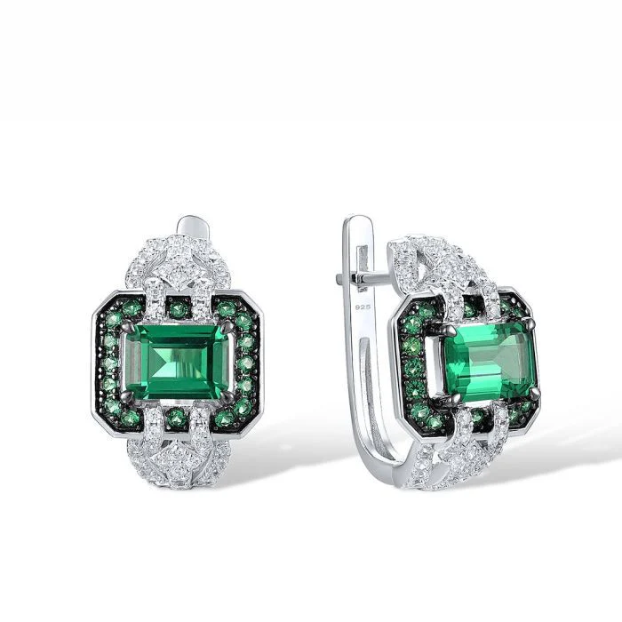 925 Sterling Silver Lever Back Earrings with Green Spinel, Cubic Zirconia