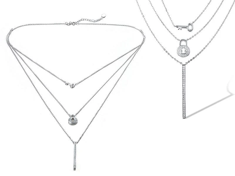 925 Sterling Silver Necklace Key and Lock with Cubic Zirconia - Image 2