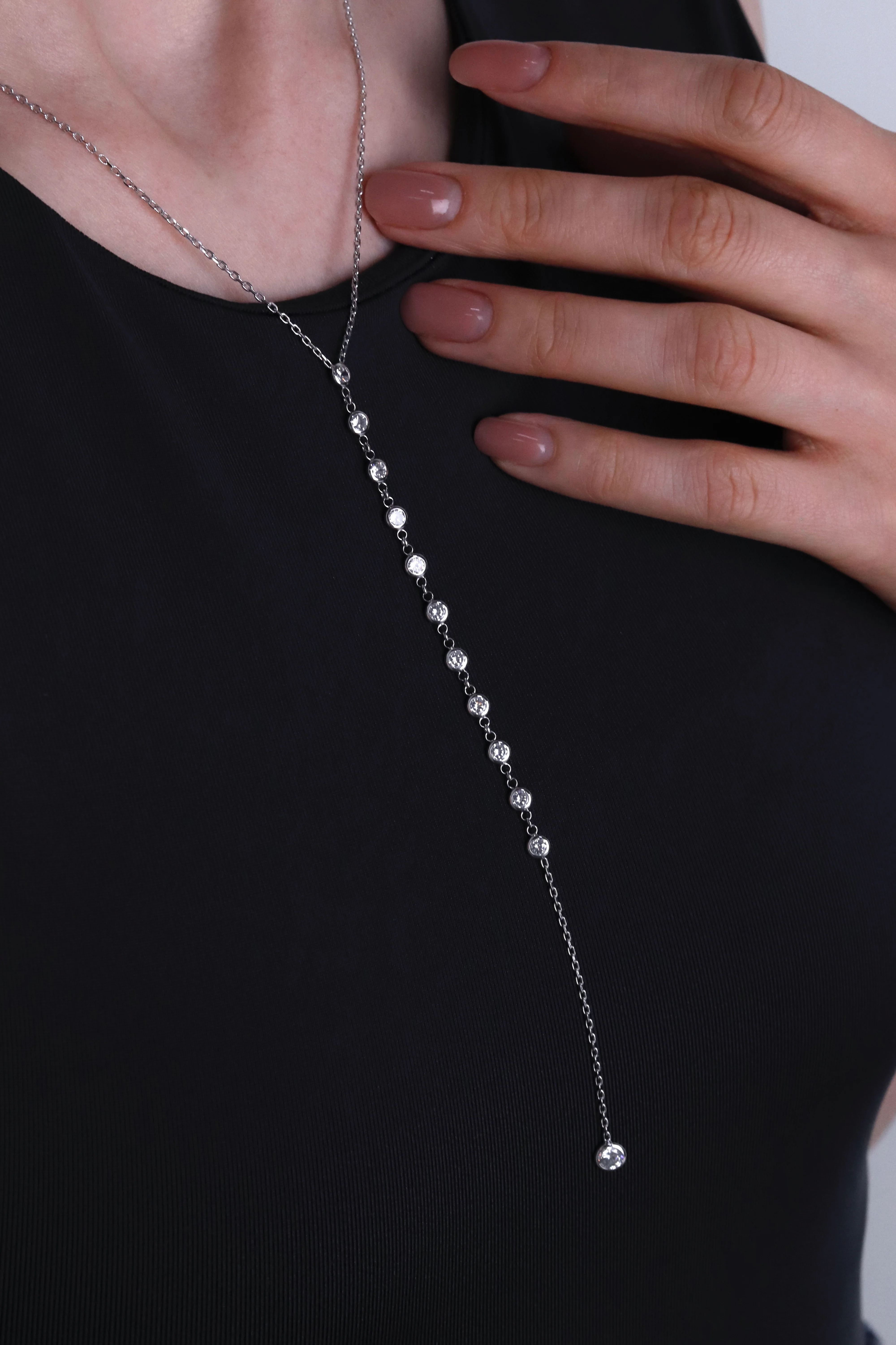 925 Sterling Silver Long Necklace with Cubic Zirconia - Image 3