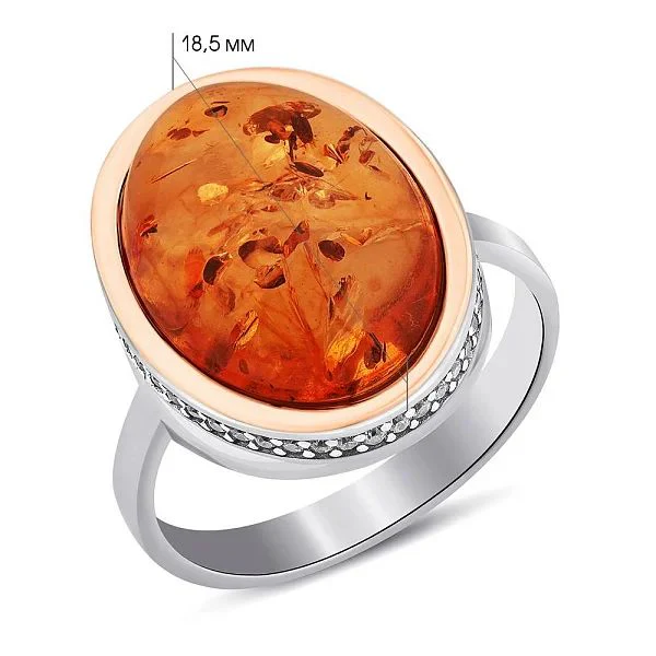 925 Sterling Silver Ring with Amber, Cubic Zirconia and Rose Gold Overlays - Image 2