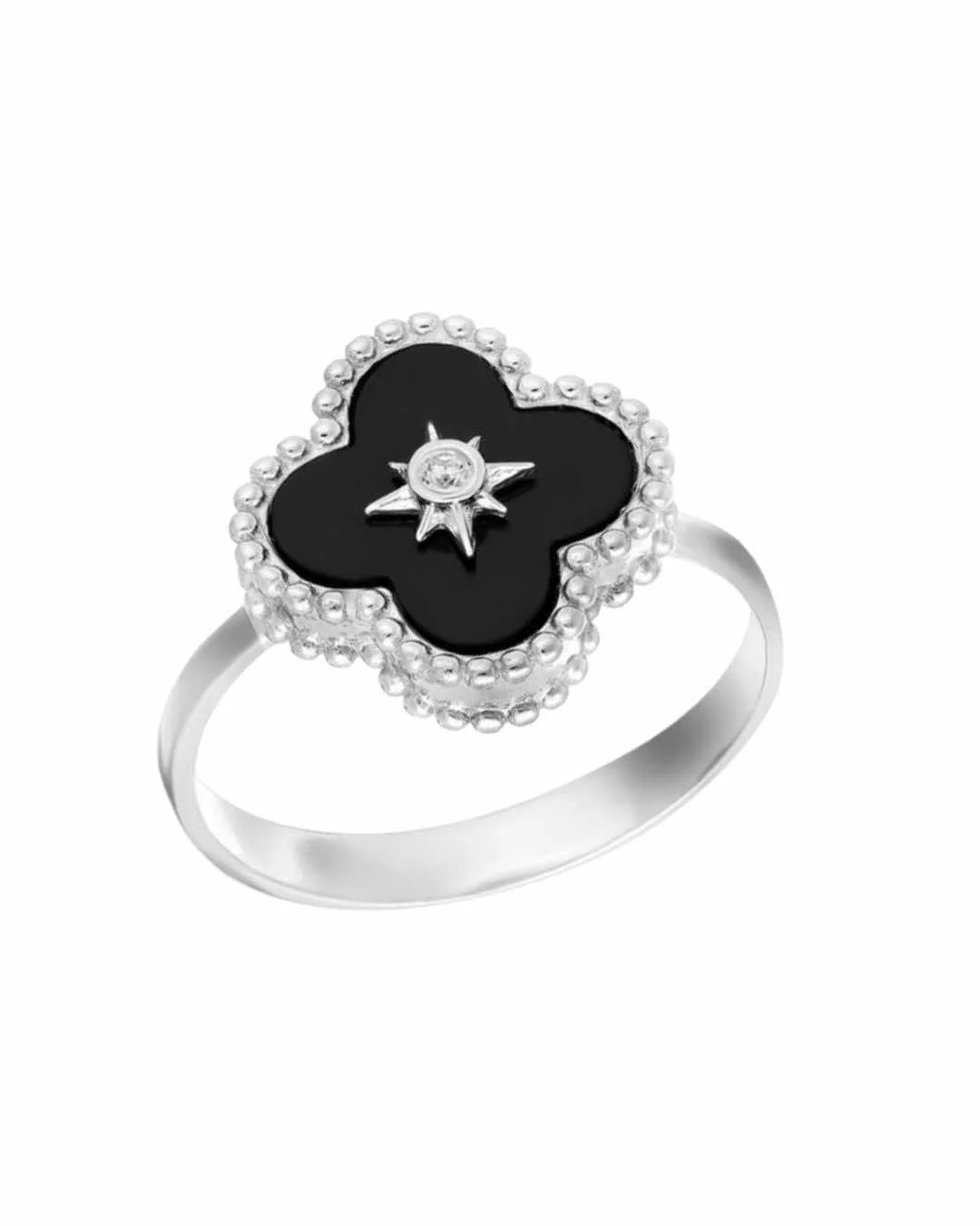 925 Sterling Silver Clover Ring with Onyx and Cubic Zirconia
