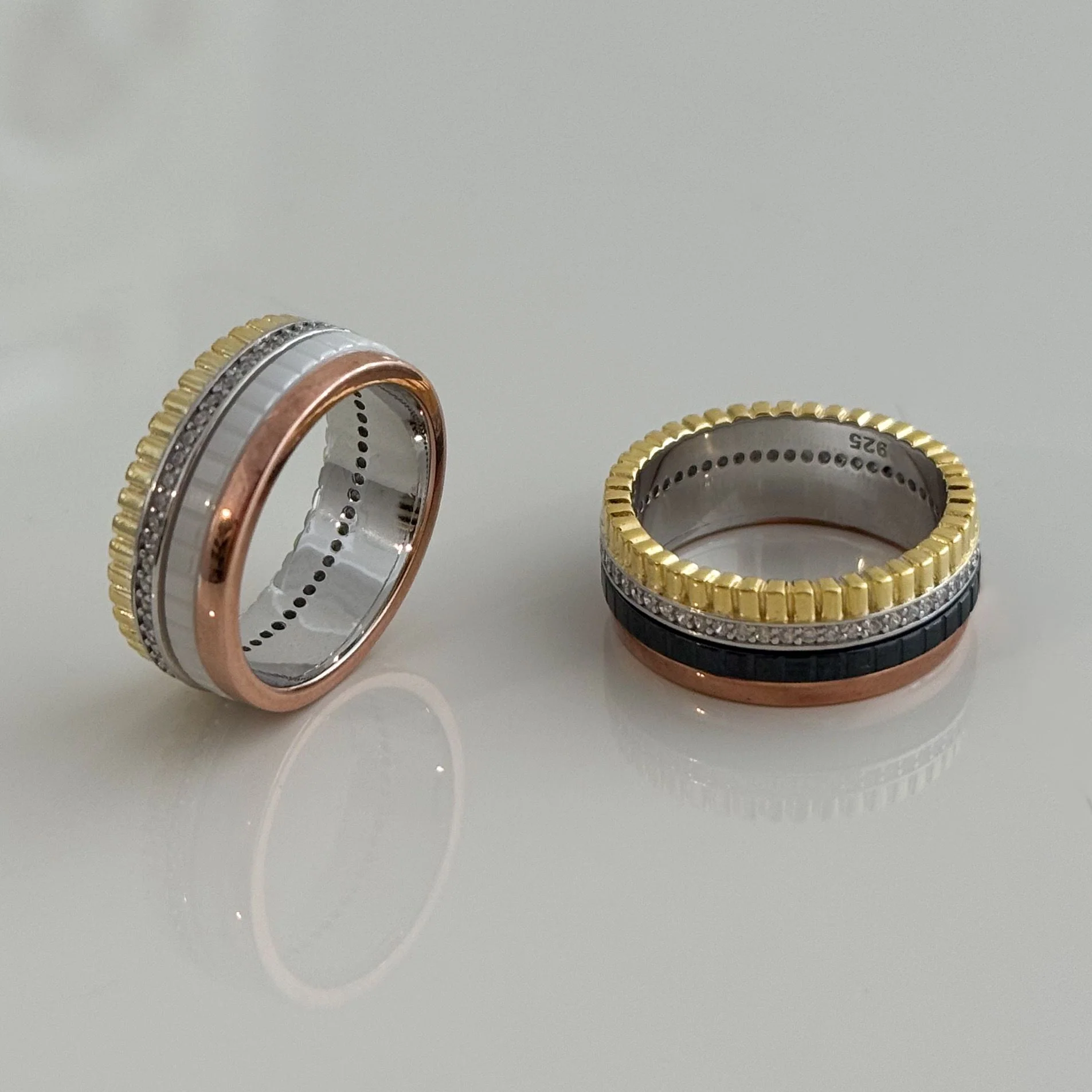 925 Sterling Silver Ring with Rose,Yellow Gold Plated Details, White Ceramic and Cubic Zirconia - Image 3