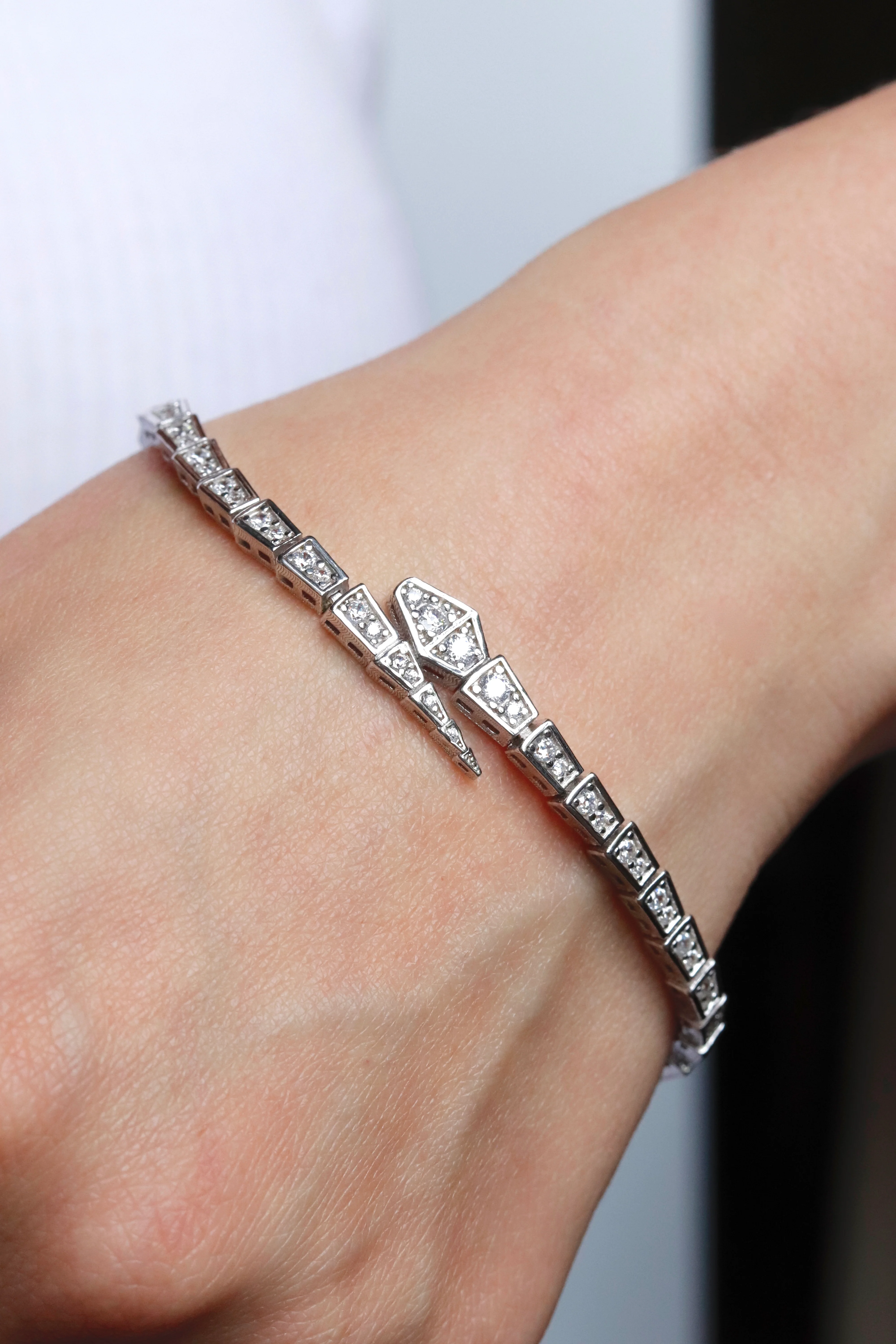 925 Sterling Silver Snake Bracelet with Cubic Zirconia - Image 2
