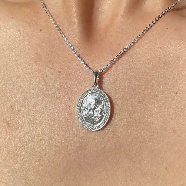 925 Sterling Silver Virgin Mary and Child Religious Pendant with Cubic Zirconia - Image 2