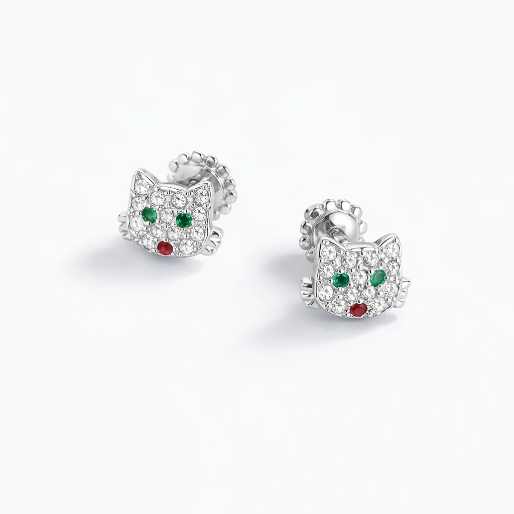 925 Sterling Silver Stud Earrings Cat with Cubic Zirconia