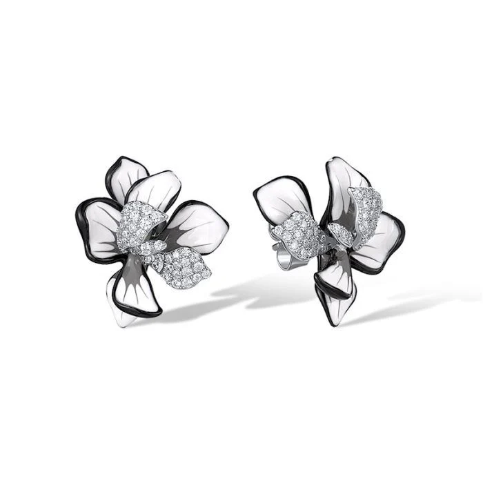 925 Sterling Silver Stud Flower Earrings with Enamel and Cubic Zirconia