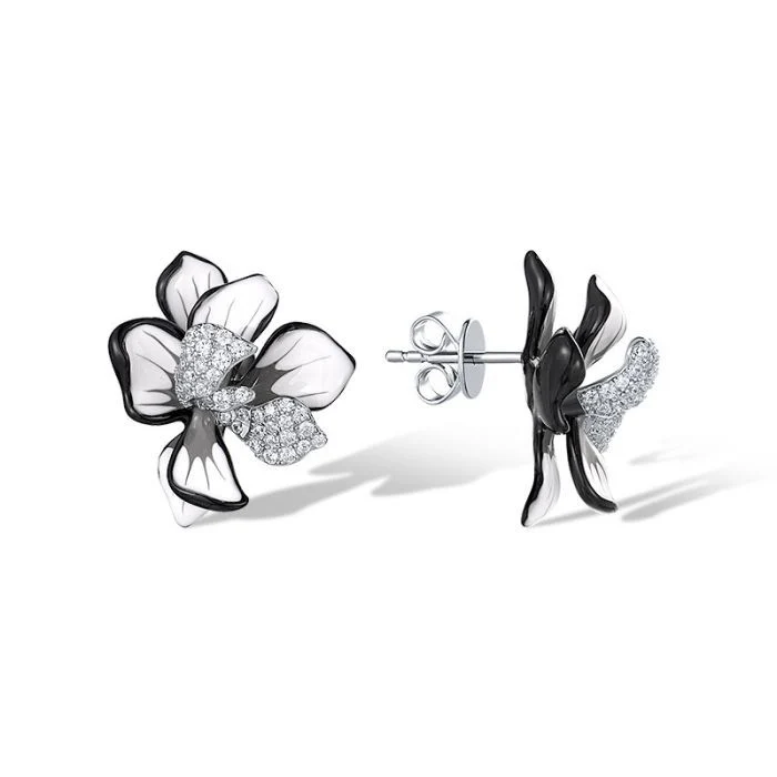 925 Sterling Silver Stud Flower Earrings with Enamel and Cubic Zirconia - Image 2