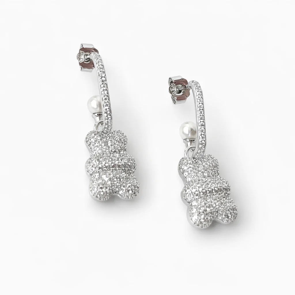 925 Sterling Silver Teddy Bear Transformer Drop Earrings with Pearls and Cubic Zirconia