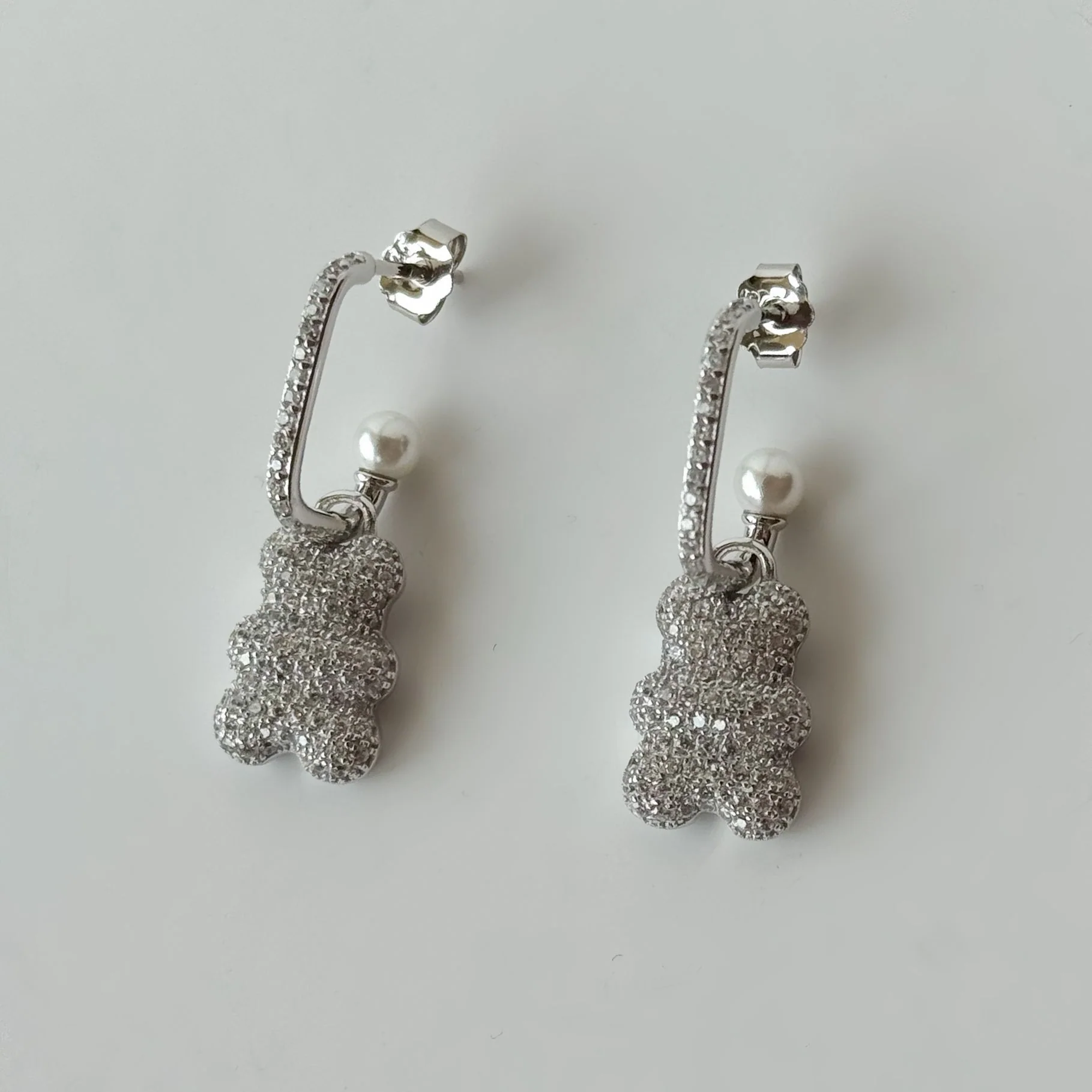 925 Sterling Silver Teddy Bear Transformer Drop Earrings with Pearls and Cubic Zirconia - Image 4