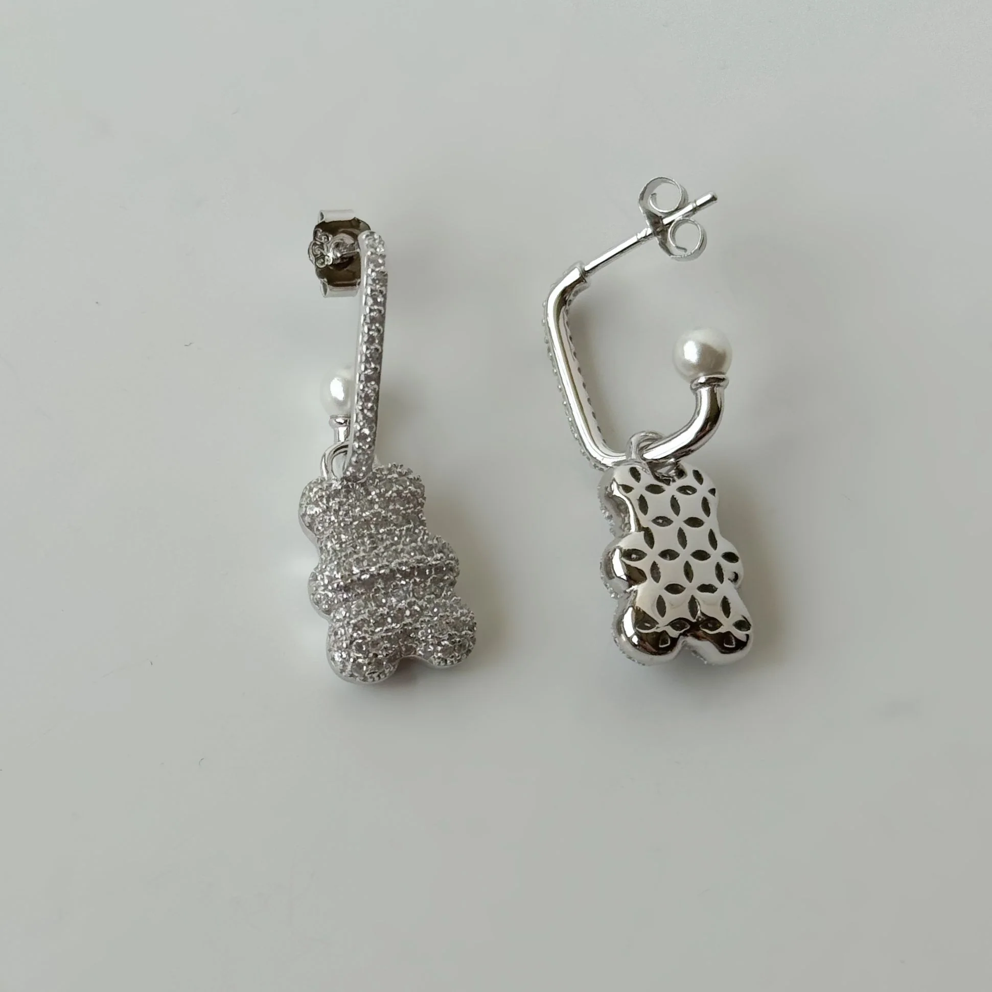 925 Sterling Silver Teddy Bear Transformer Drop Earrings with Pearls and Cubic Zirconia - Image 5