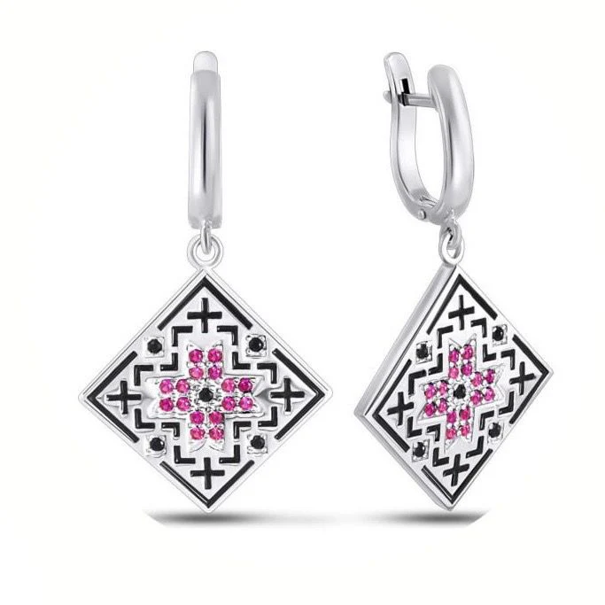 925 Sterling Silver Vyshyvanka Drop Earrings with Enamel and Cubic Zirconia