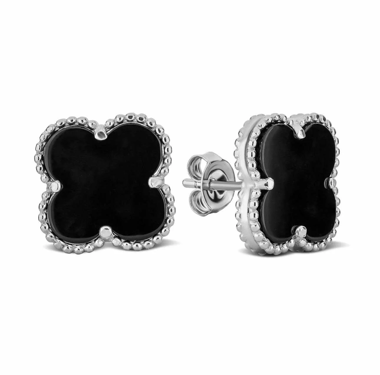 925 Sterling Silver Stud Earrings Clover with Onyx