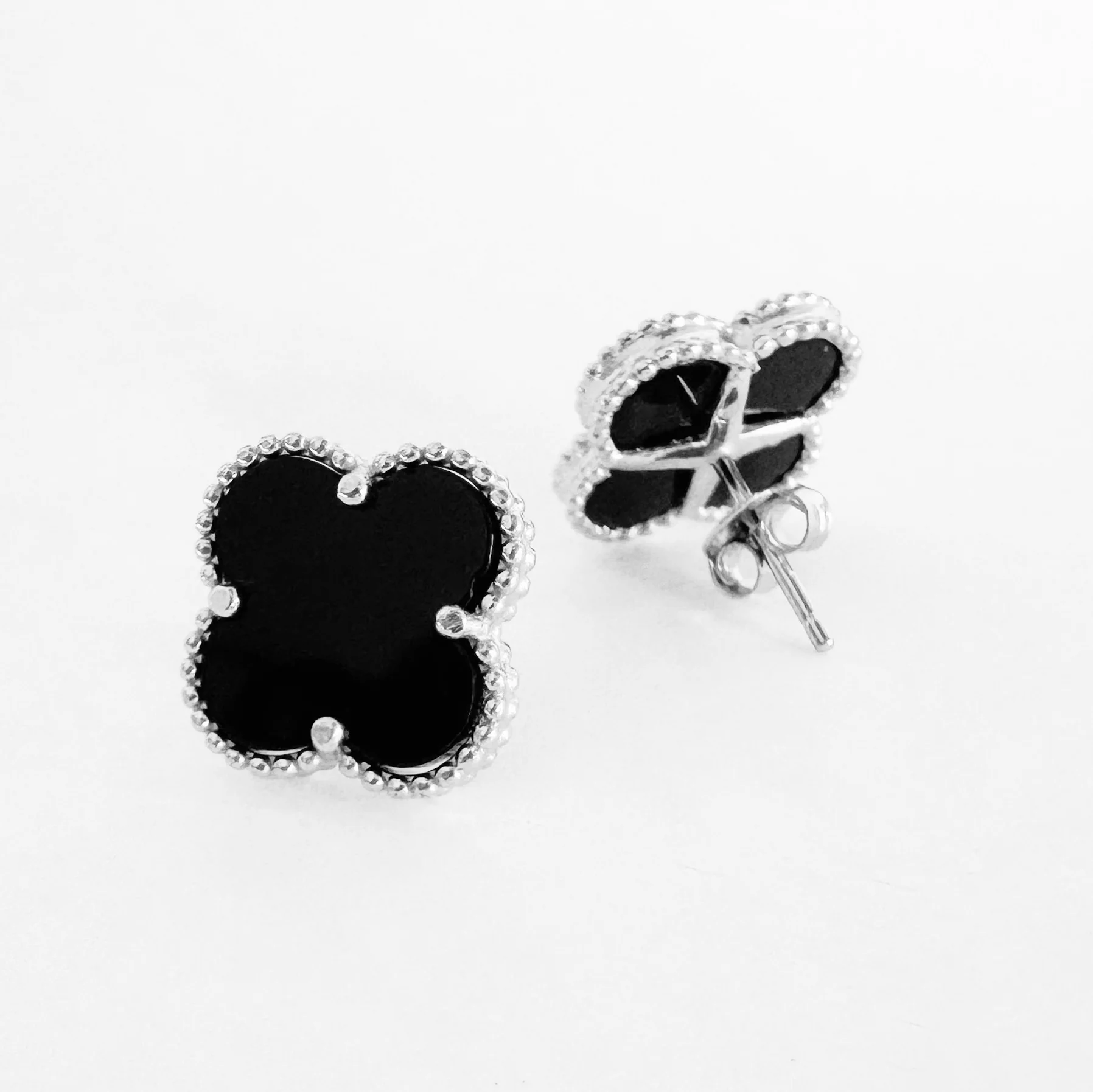 925 Sterling Silver Stud Earrings Clover with Onyx - Image 2