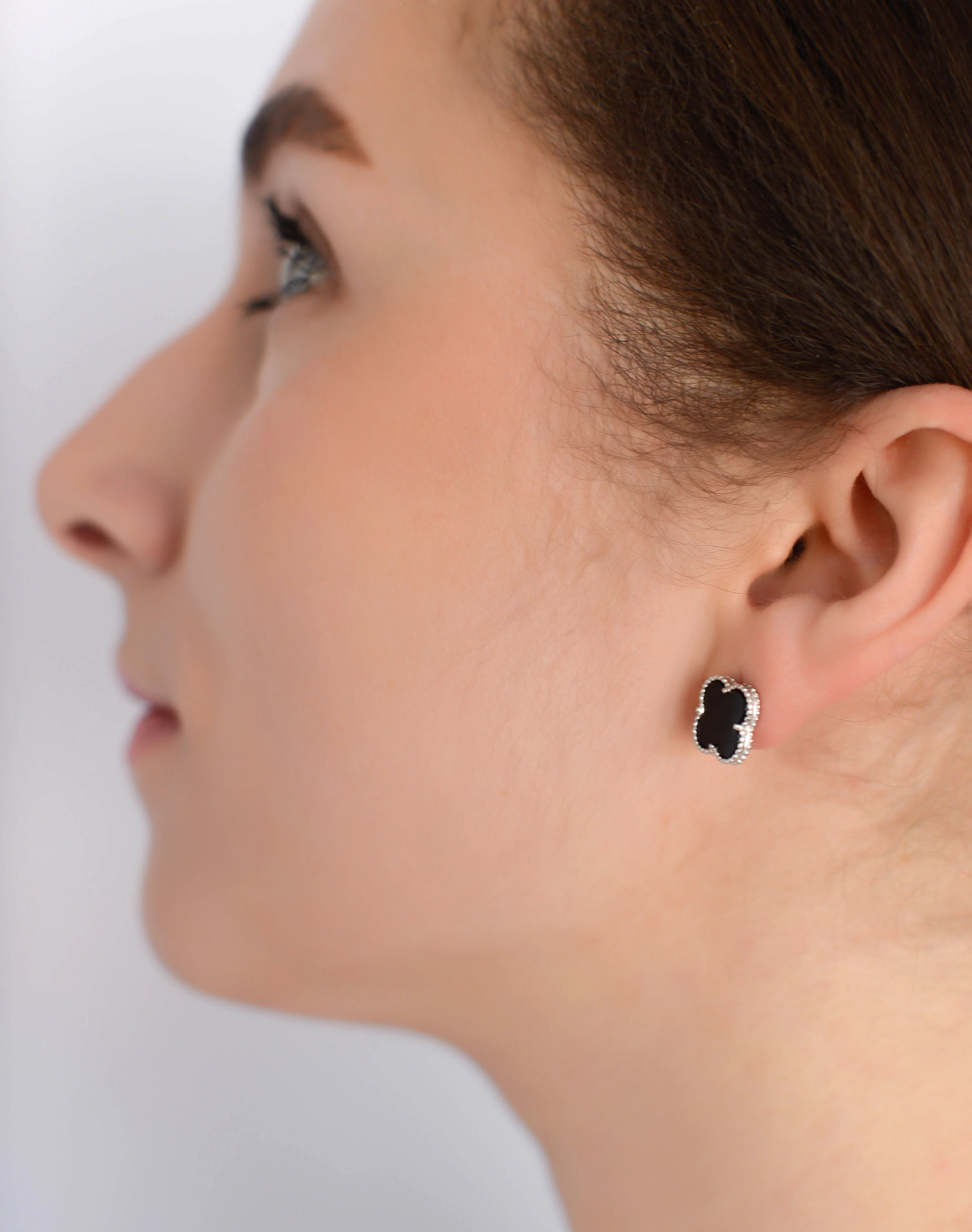 925 Sterling Silver Stud Earrings Clover with Onyx - Image 3