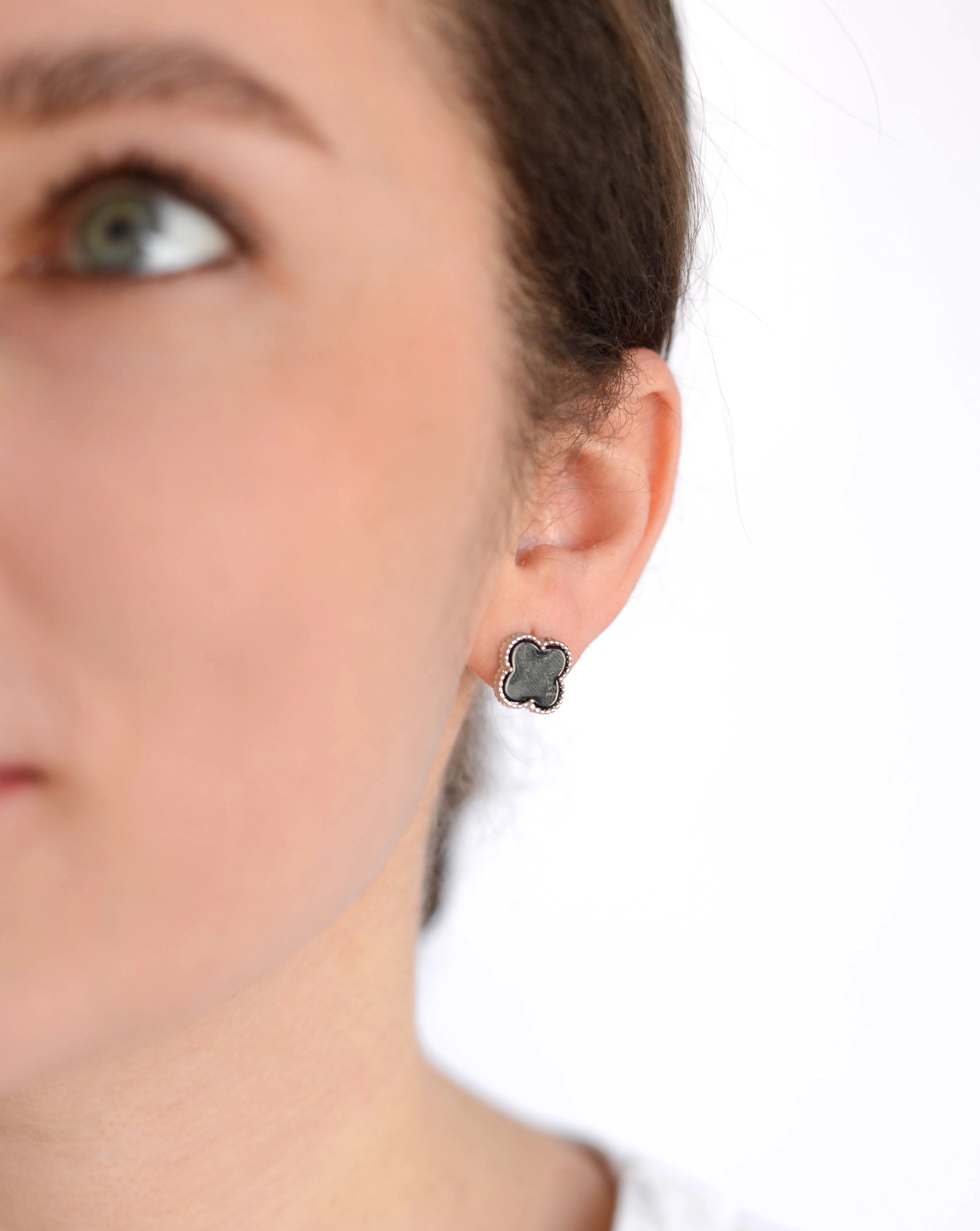 925 Sterling Silver Lever Back Earrings Clover with Onyx - Image 2